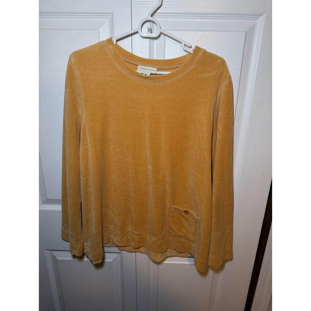 Appleseed’s Women’s XL Mustard Gold Velour Long Sleeve Pocket Top 1853